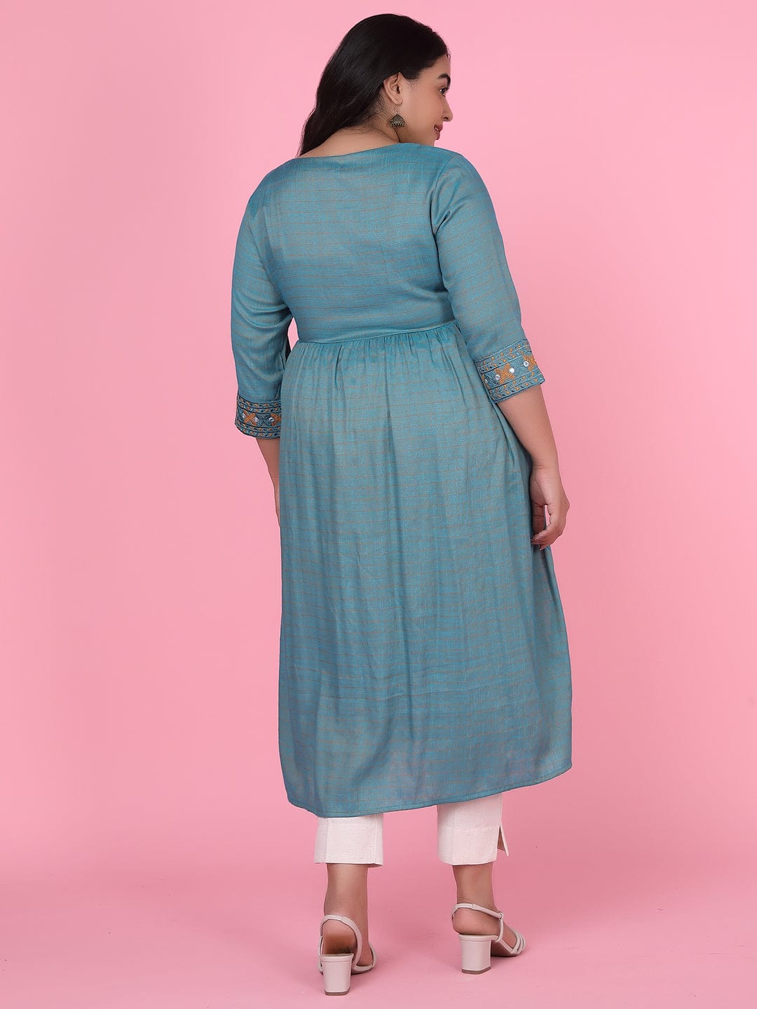 Women's Teal Woven Design A Line Kurta