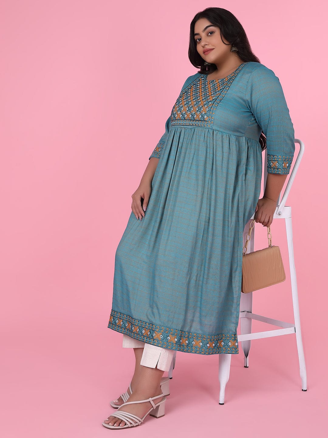 Women's Teal Woven Design A Line Kurta