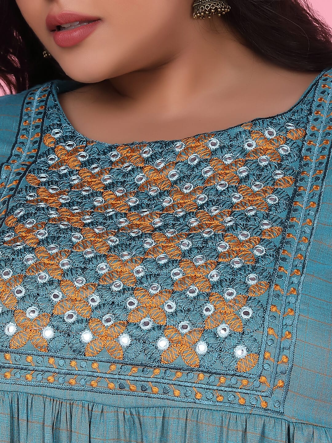 Women's Teal Woven Design A Line Kurta