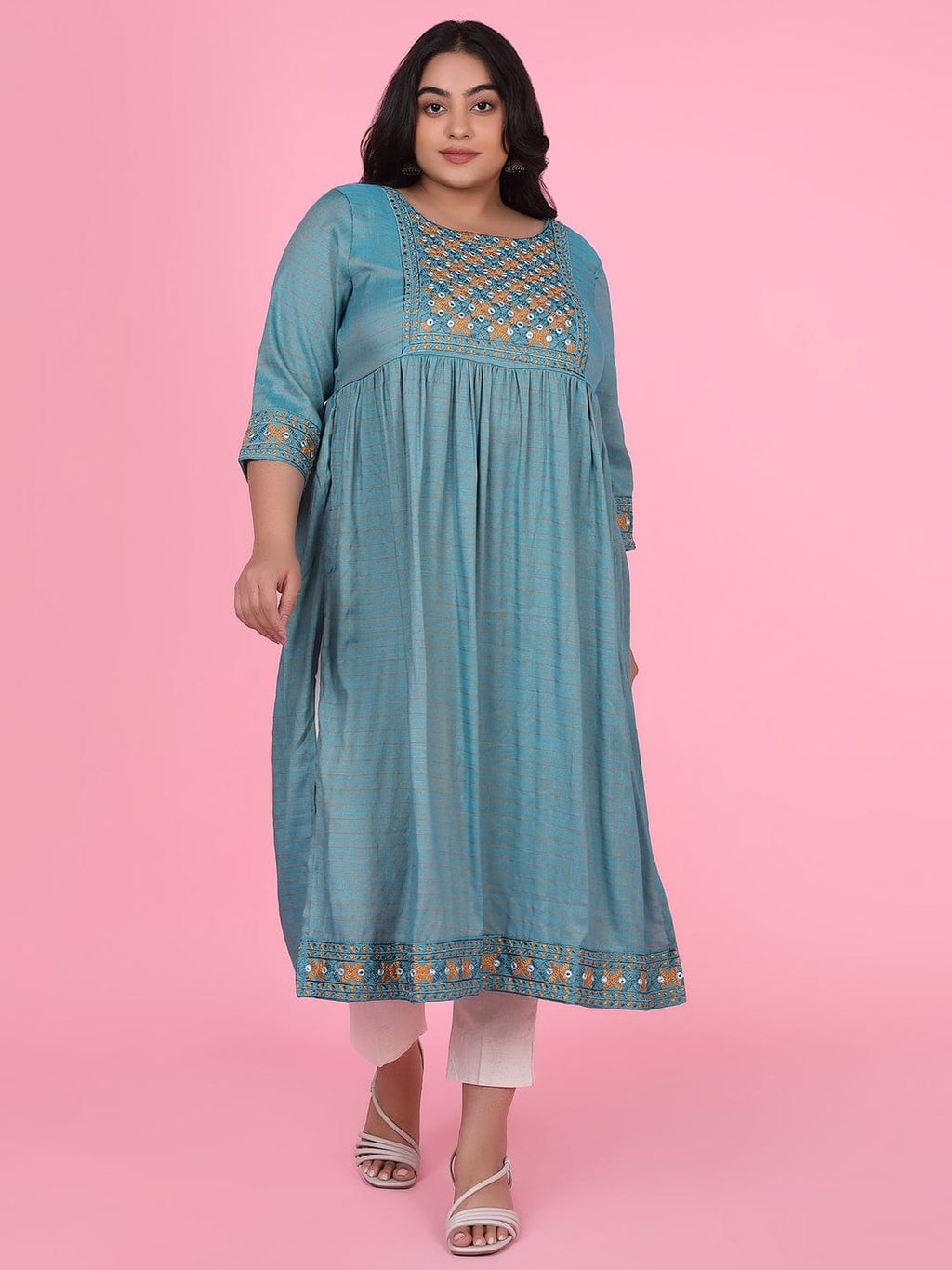 Women's Teal Woven Design A Line Kurta