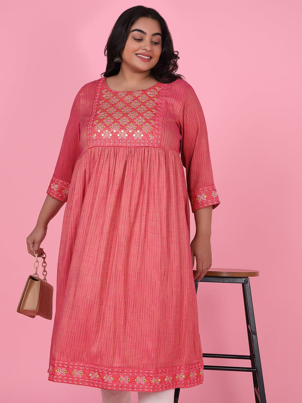 Women's Pink Woven Design A Line Kurta
