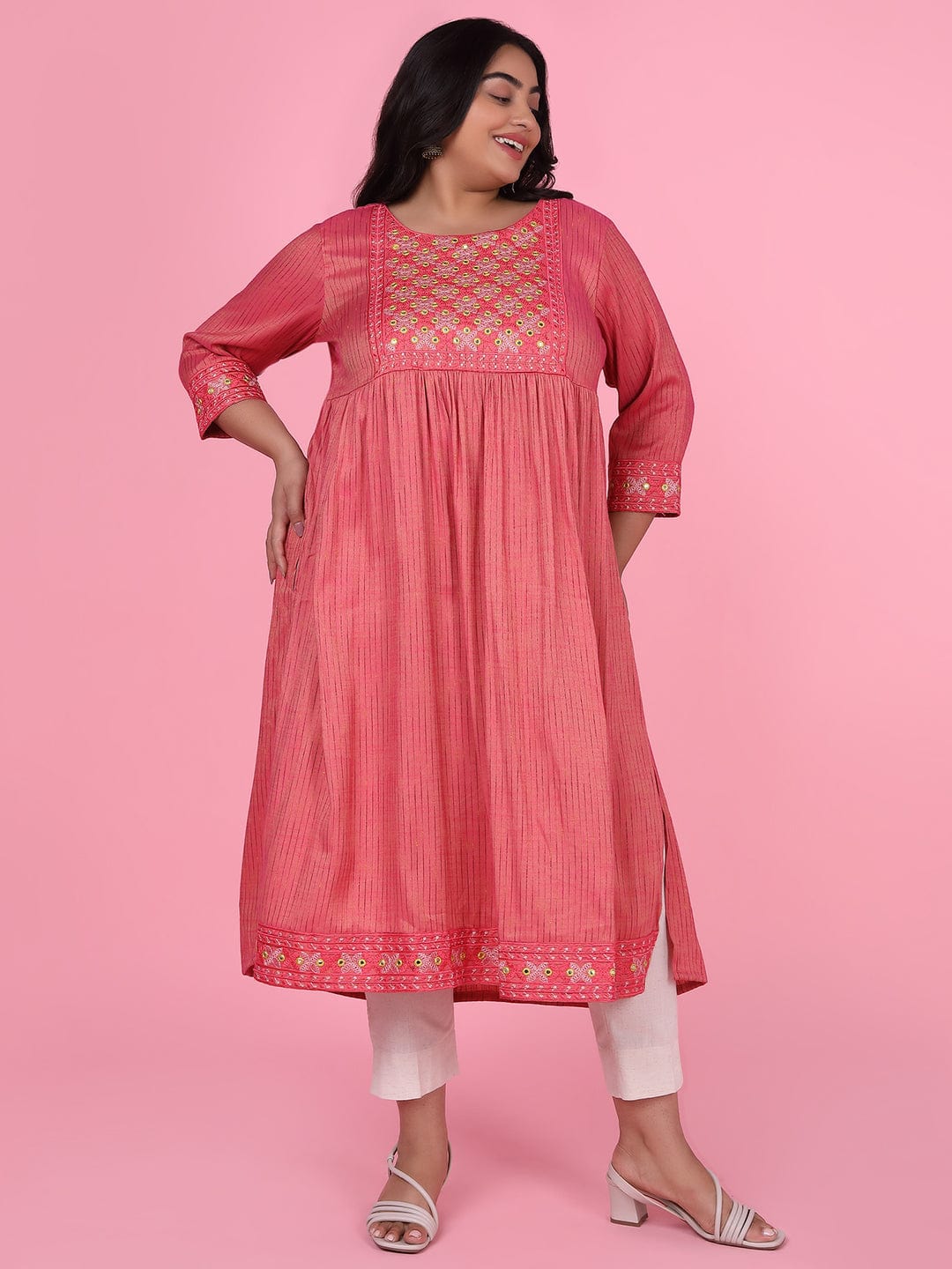 Women's Pink Woven Design A Line Kurta