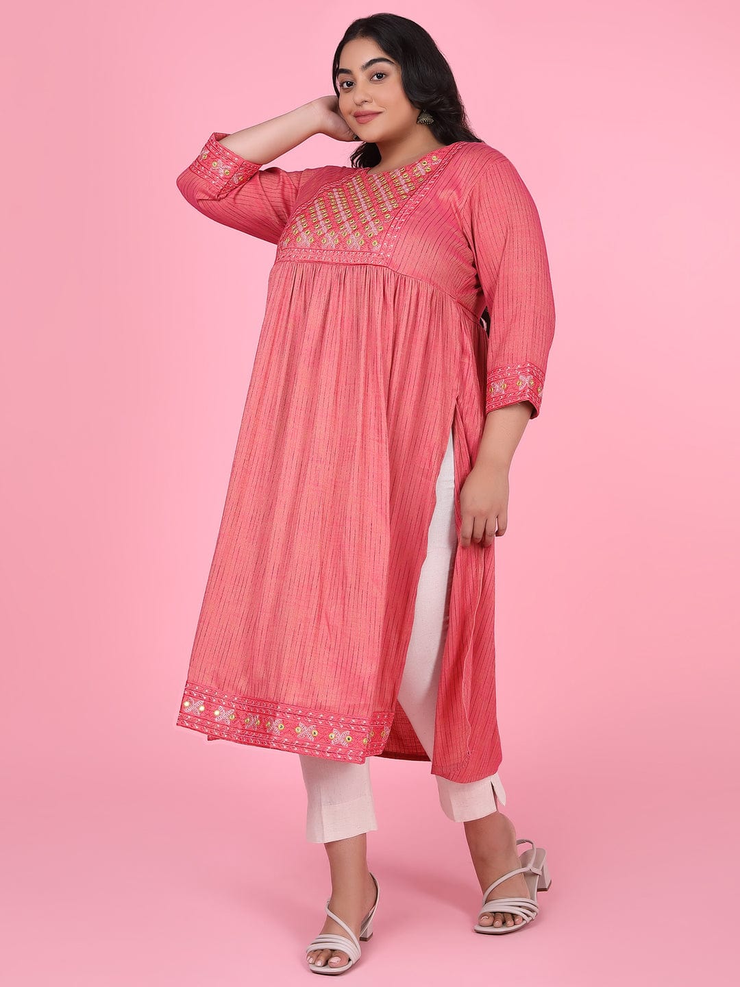 Women's Pink Woven Design A Line Kurta