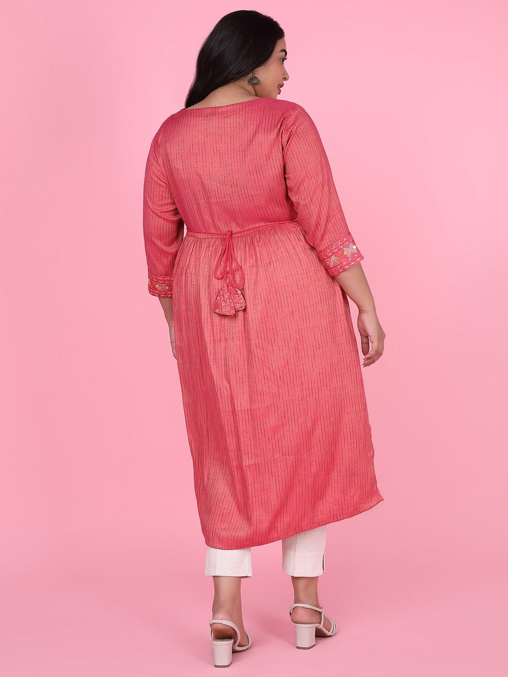 Women's Pink Woven Design A Line Kurta