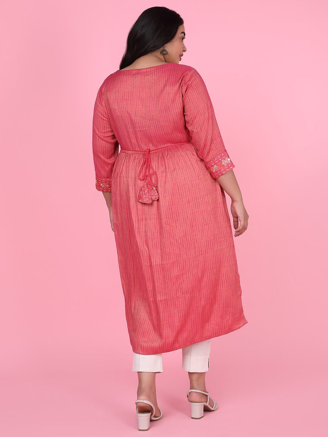Women's Pink Woven Design A Line Kurta
