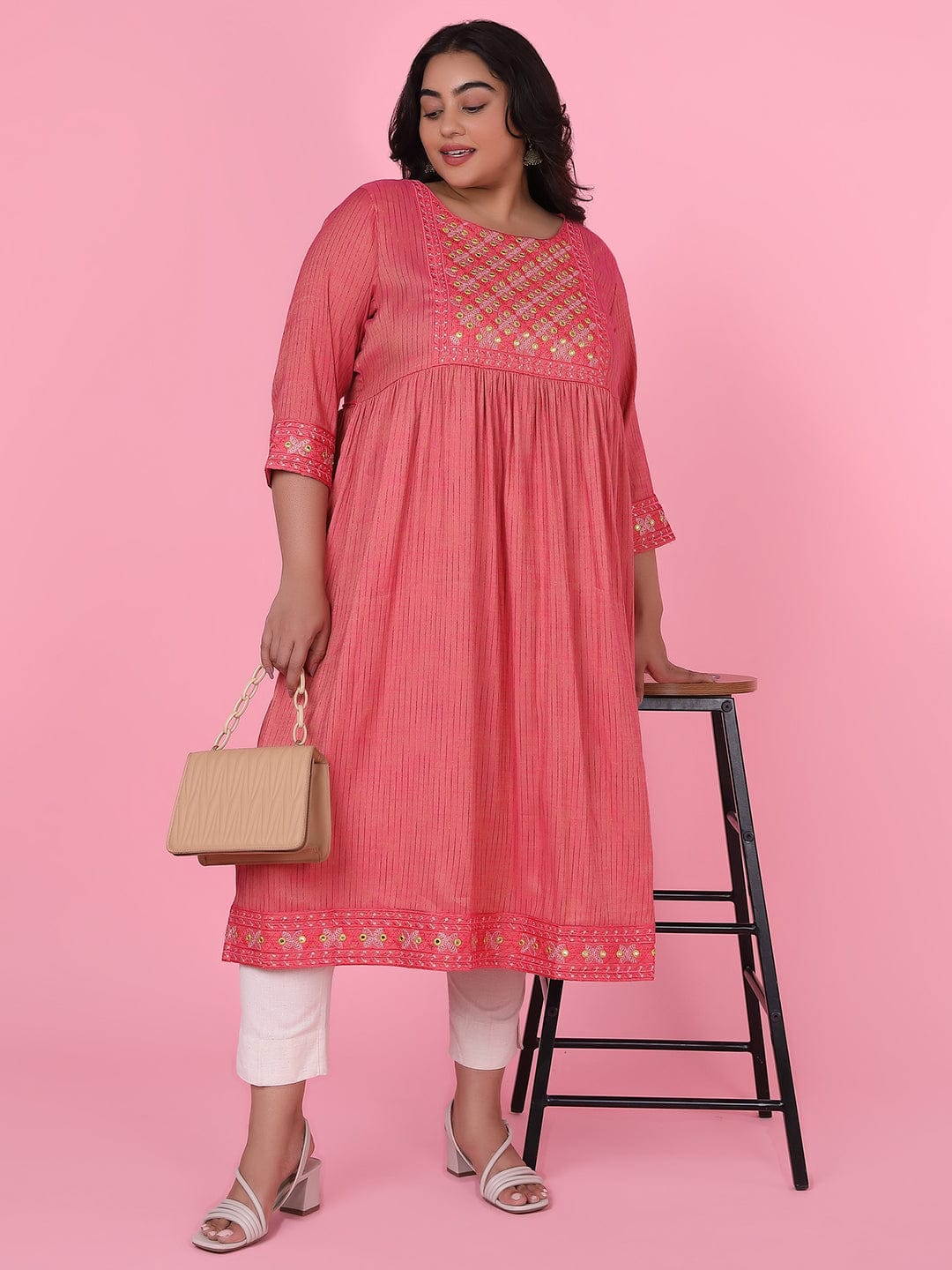 Women's Pink Woven Design A Line Kurta