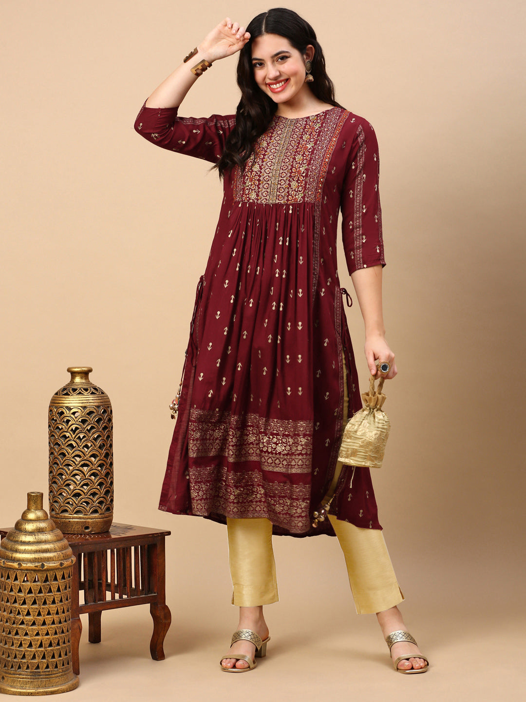 Women's Maroon Graphic Anarkali Kurta