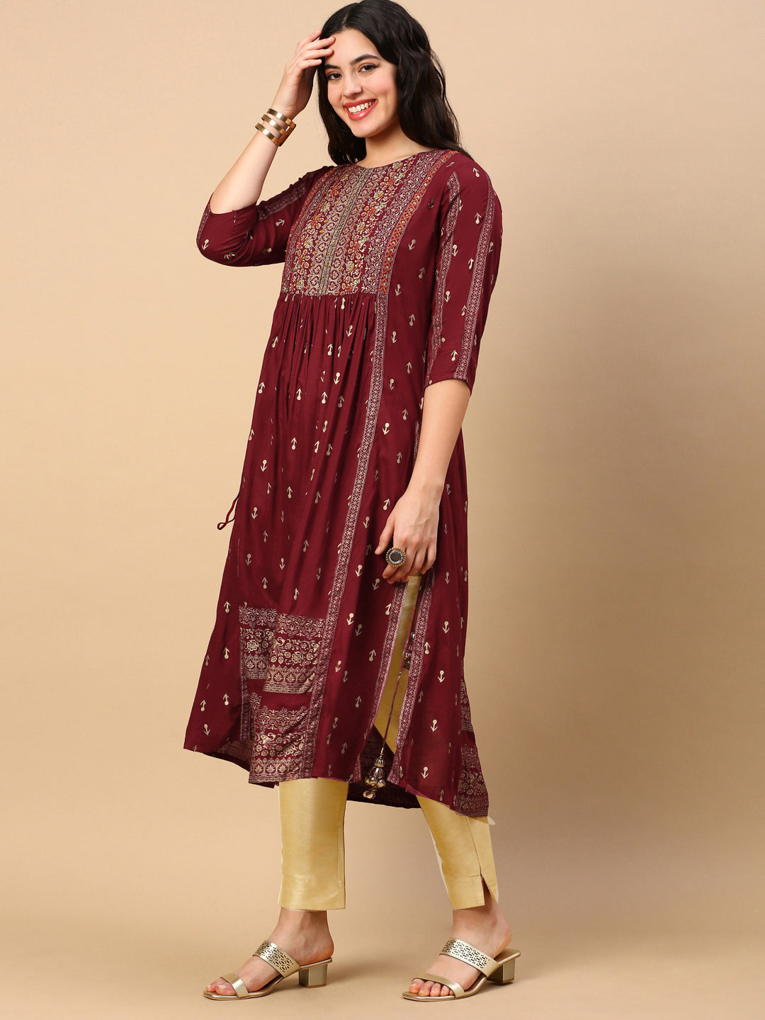 Women's Maroon Graphic Anarkali Kurta