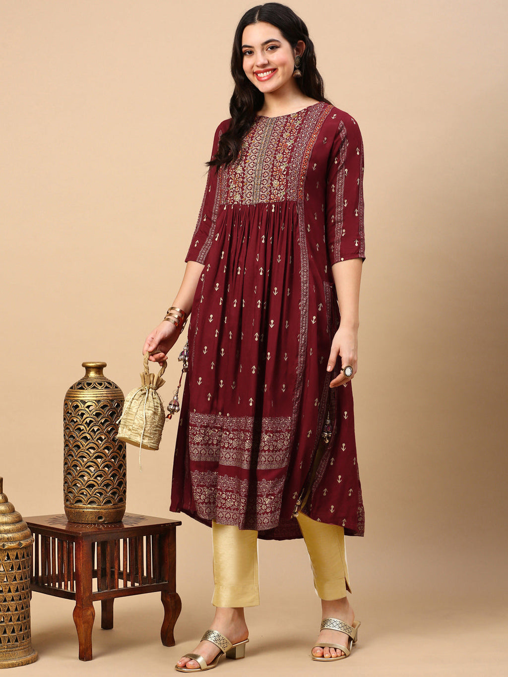 Women's Maroon Graphic Anarkali Kurta