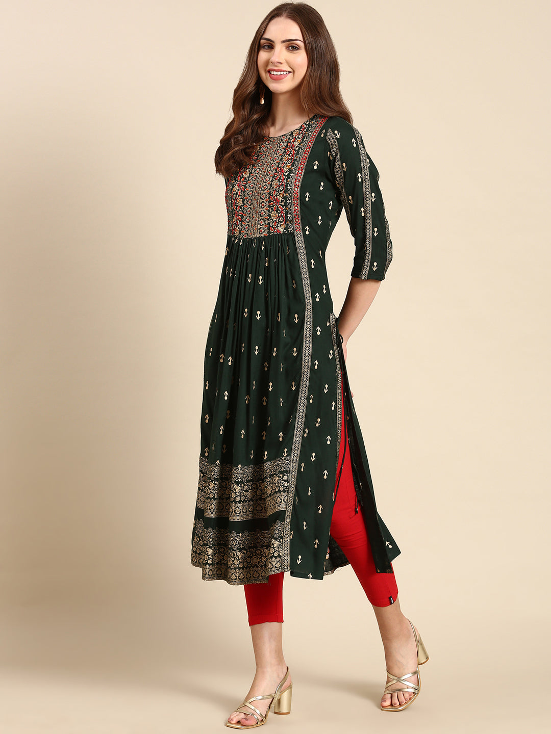 Women's Green Anarkali Cotton Kurta