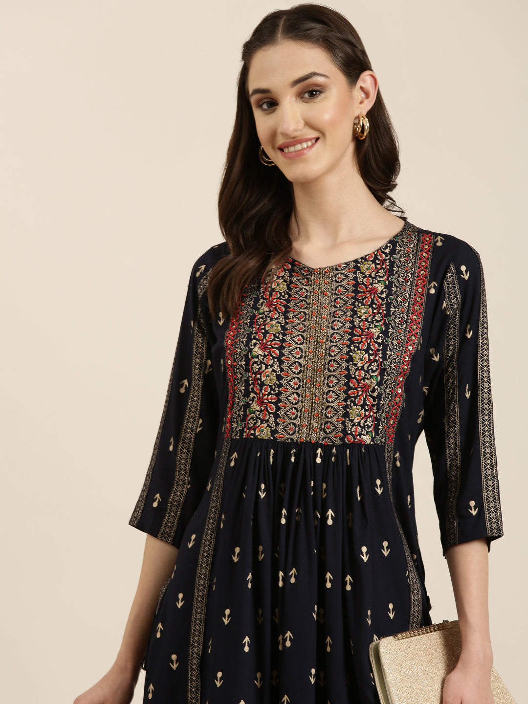 Women's Navy Blue Ethnic Motifs Printed Thread Work A-Line Kurta