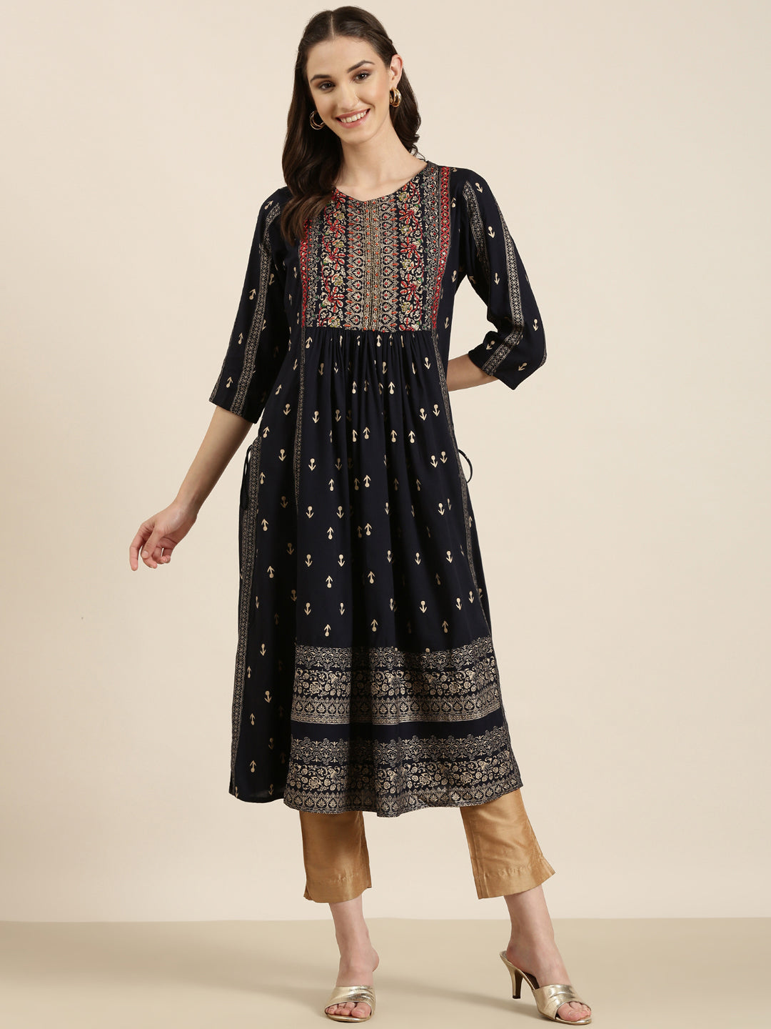 Women's Navy Blue Ethnic Motifs Printed Thread Work A-Line Kurta