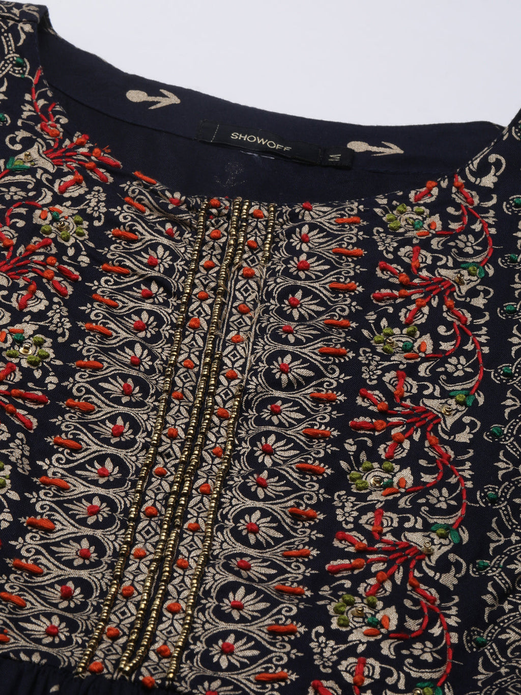 Women's Navy Blue Ethnic Motifs Printed Thread Work A-Line Kurta