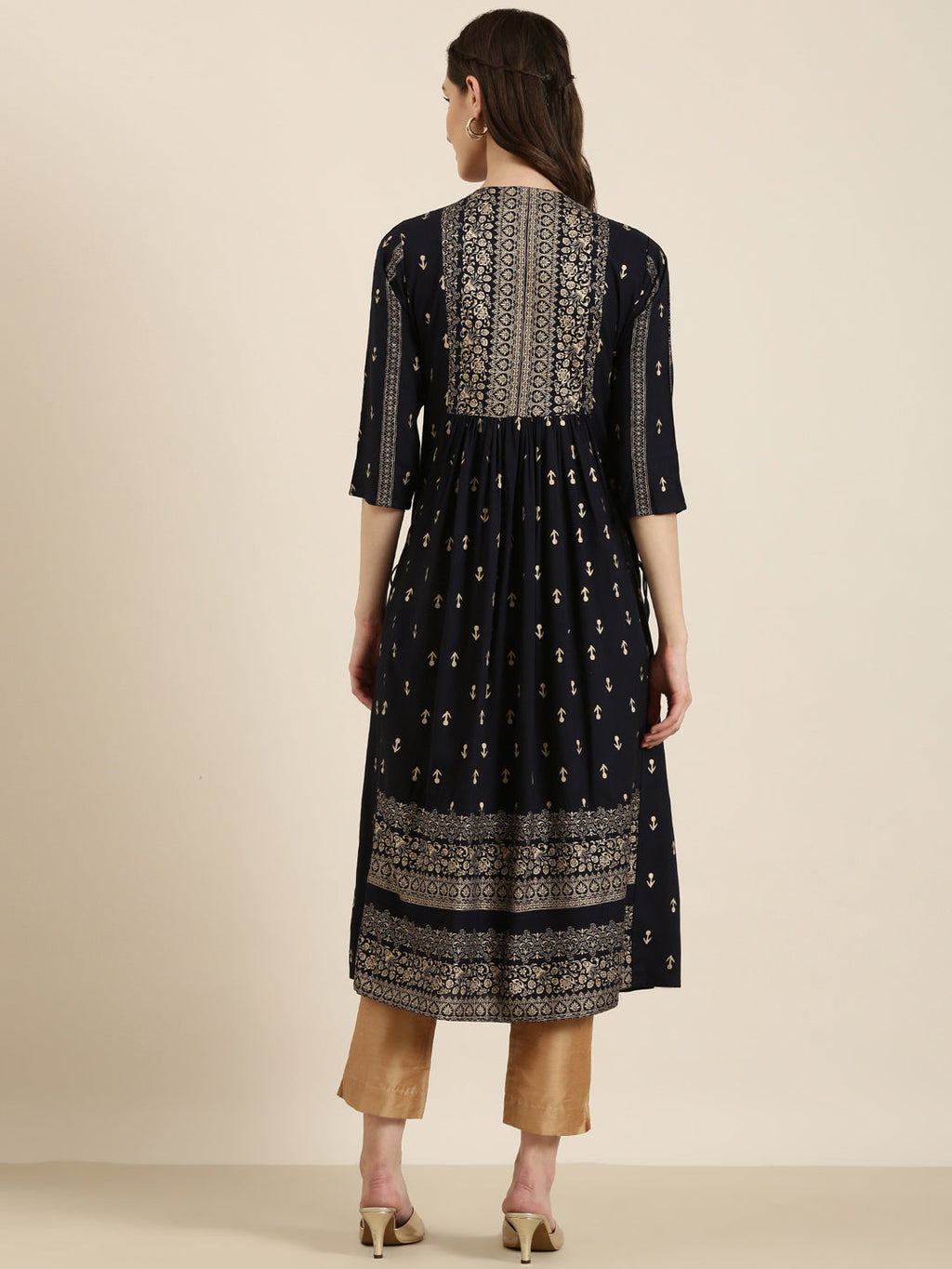 Women's Navy Blue Ethnic Motifs Printed Thread Work A-Line Kurta