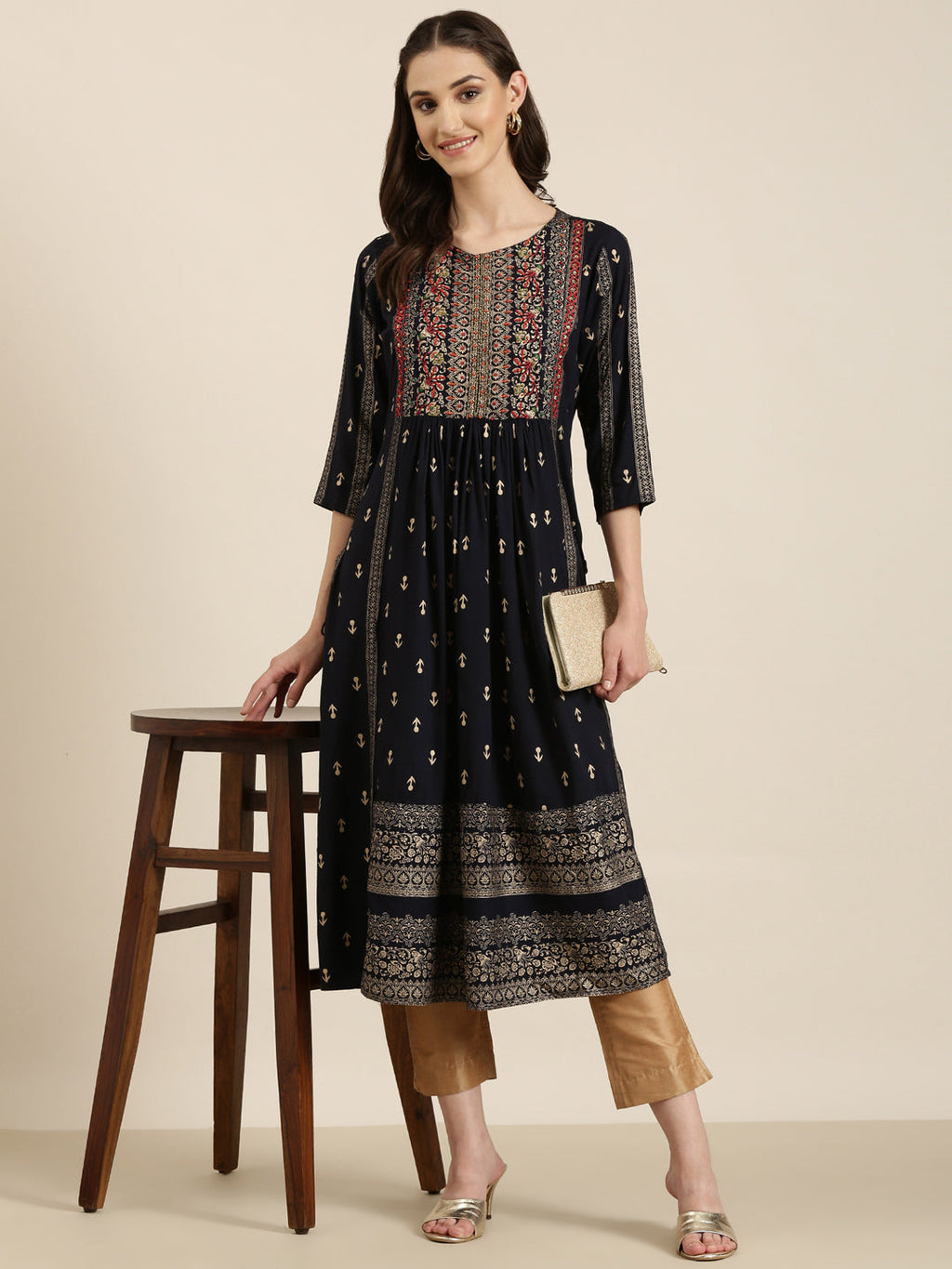 Women's Navy Blue Ethnic Motifs Printed Thread Work A-Line Kurta