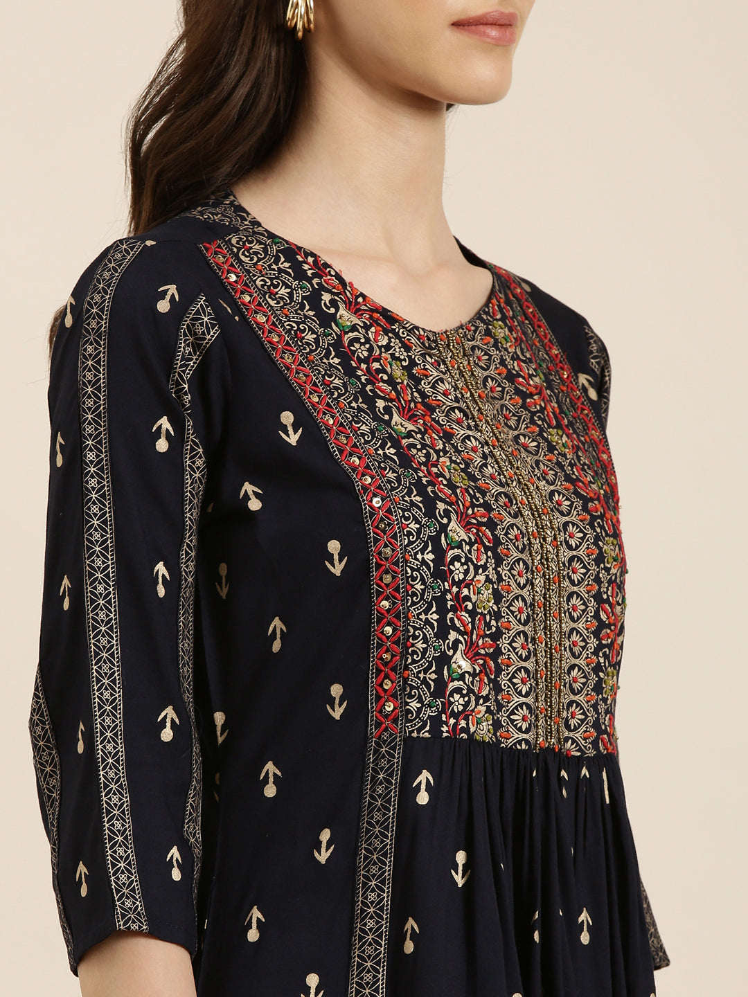 Women's Navy Blue Ethnic Motifs Printed Thread Work A-Line Kurta