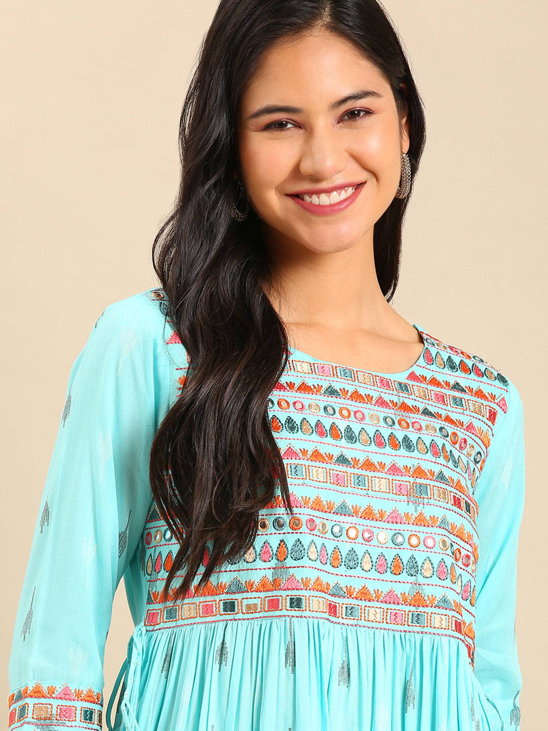 Women's Blue Ethnic Motifs Printed A-Line Kurta