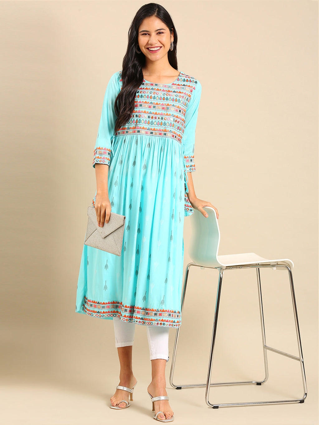 Women's Blue Ethnic Motifs Printed A-Line Kurta