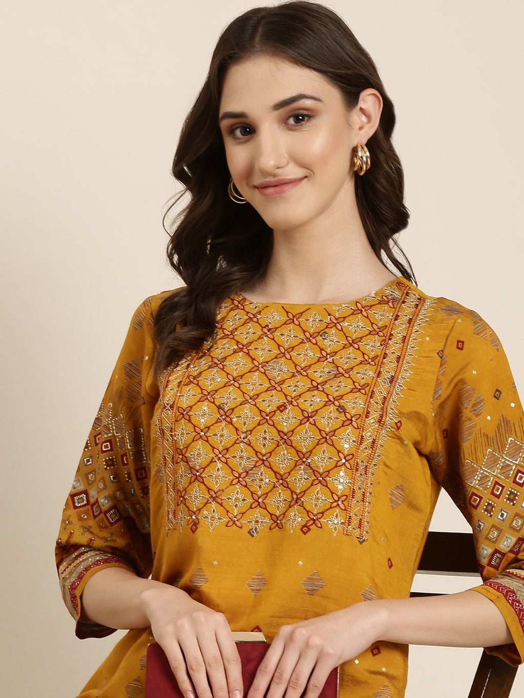 Women's Mustard Printed Round Neck Straight Kurta