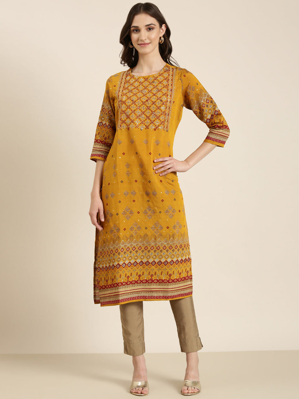Women's Mustard Printed Round Neck Straight Kurta
