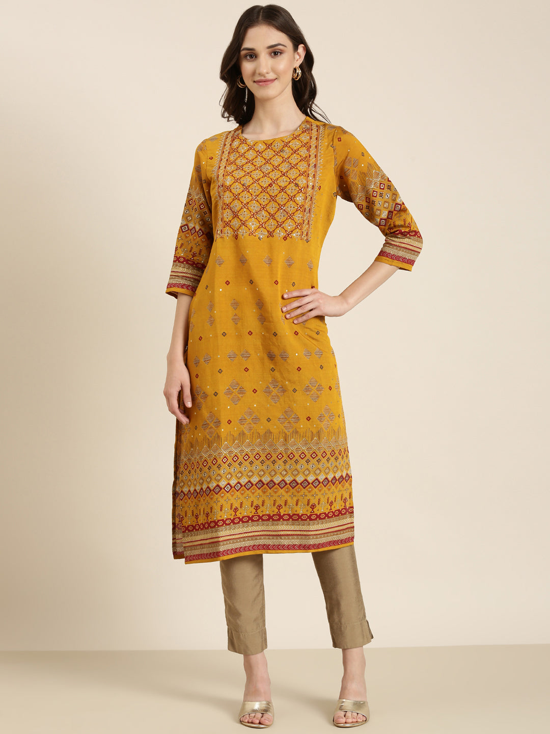 Women's Mustard Printed Round Neck Straight Kurta