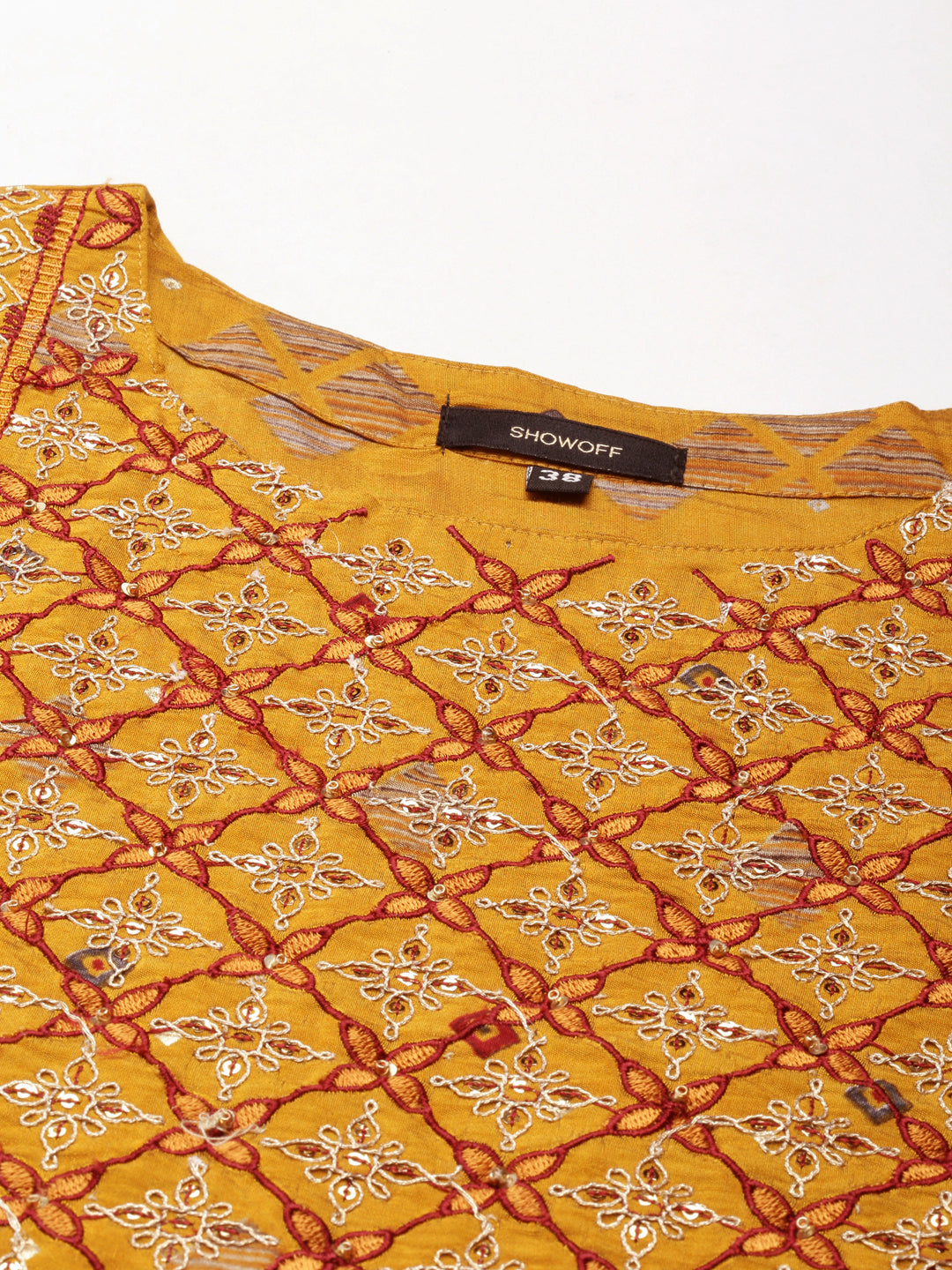 Women's Mustard Printed Round Neck Straight Kurta