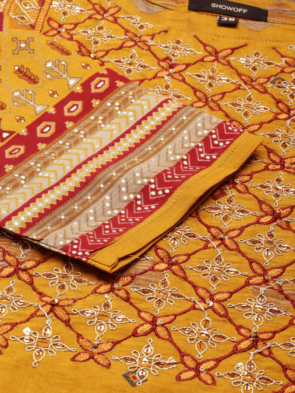 Women's Mustard Printed Round Neck Straight Kurta