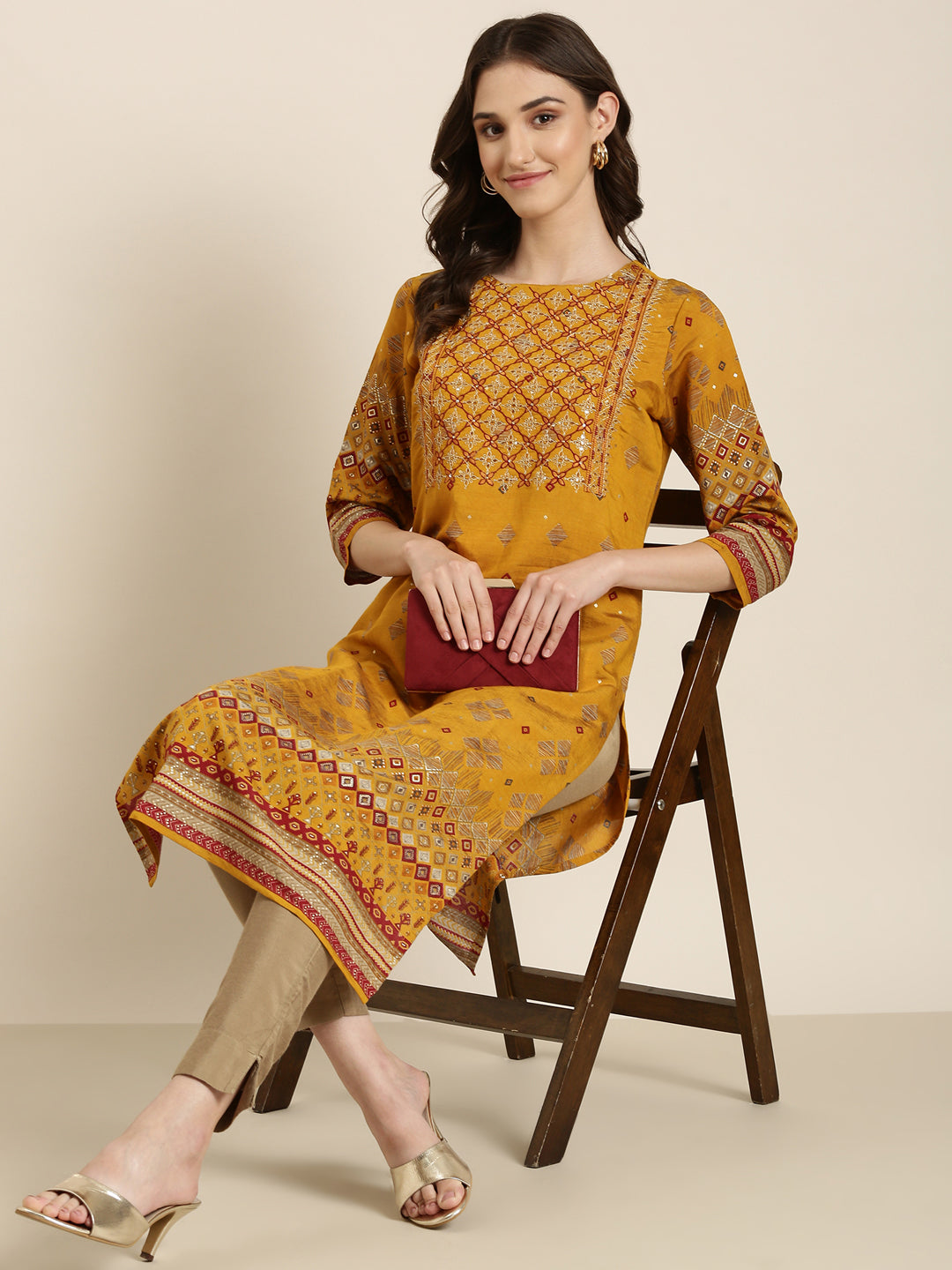 Women's Mustard Printed Round Neck Straight Kurta