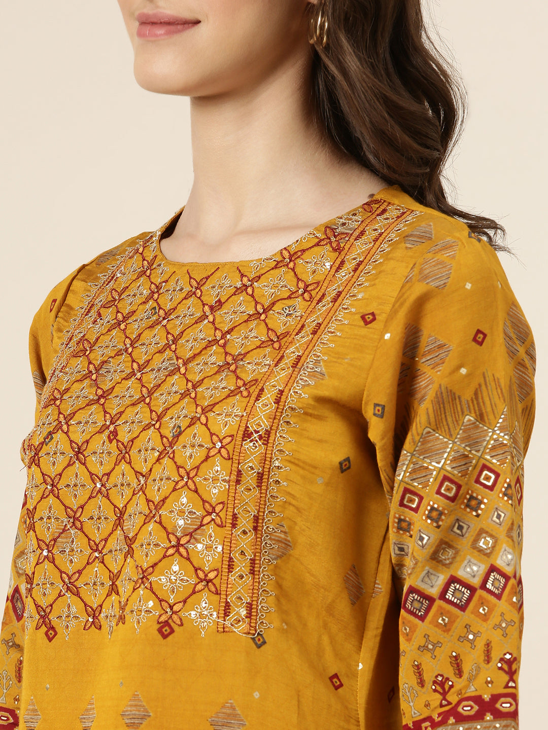 Women's Mustard Printed Round Neck Straight Kurta