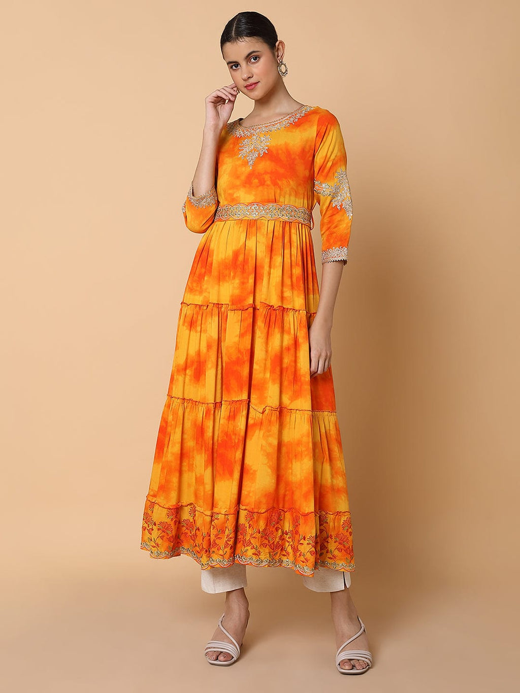 Women's Solid Orange Anarkali Kurta with Belt