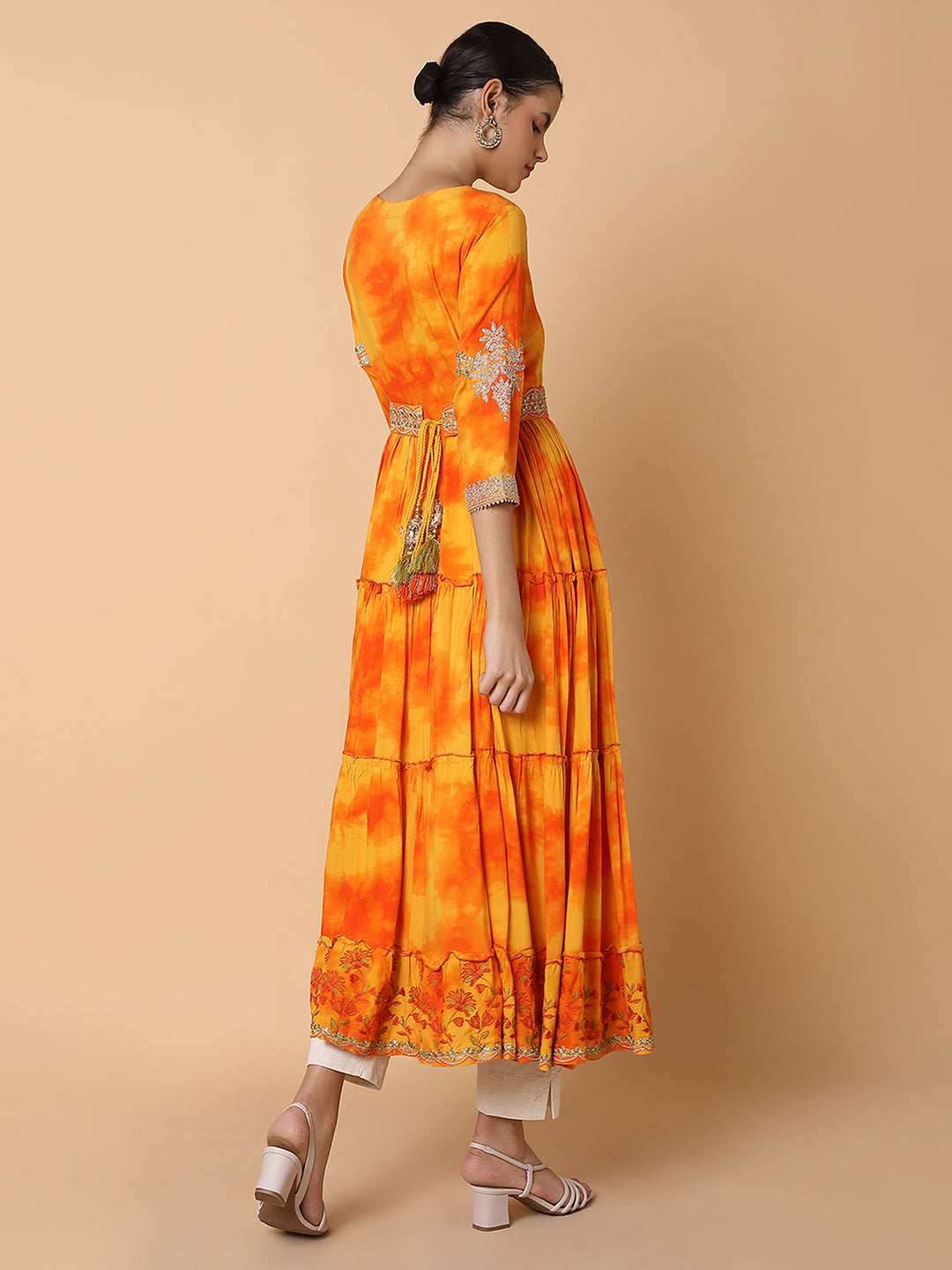 Women's Solid Orange Anarkali Kurta with Belt