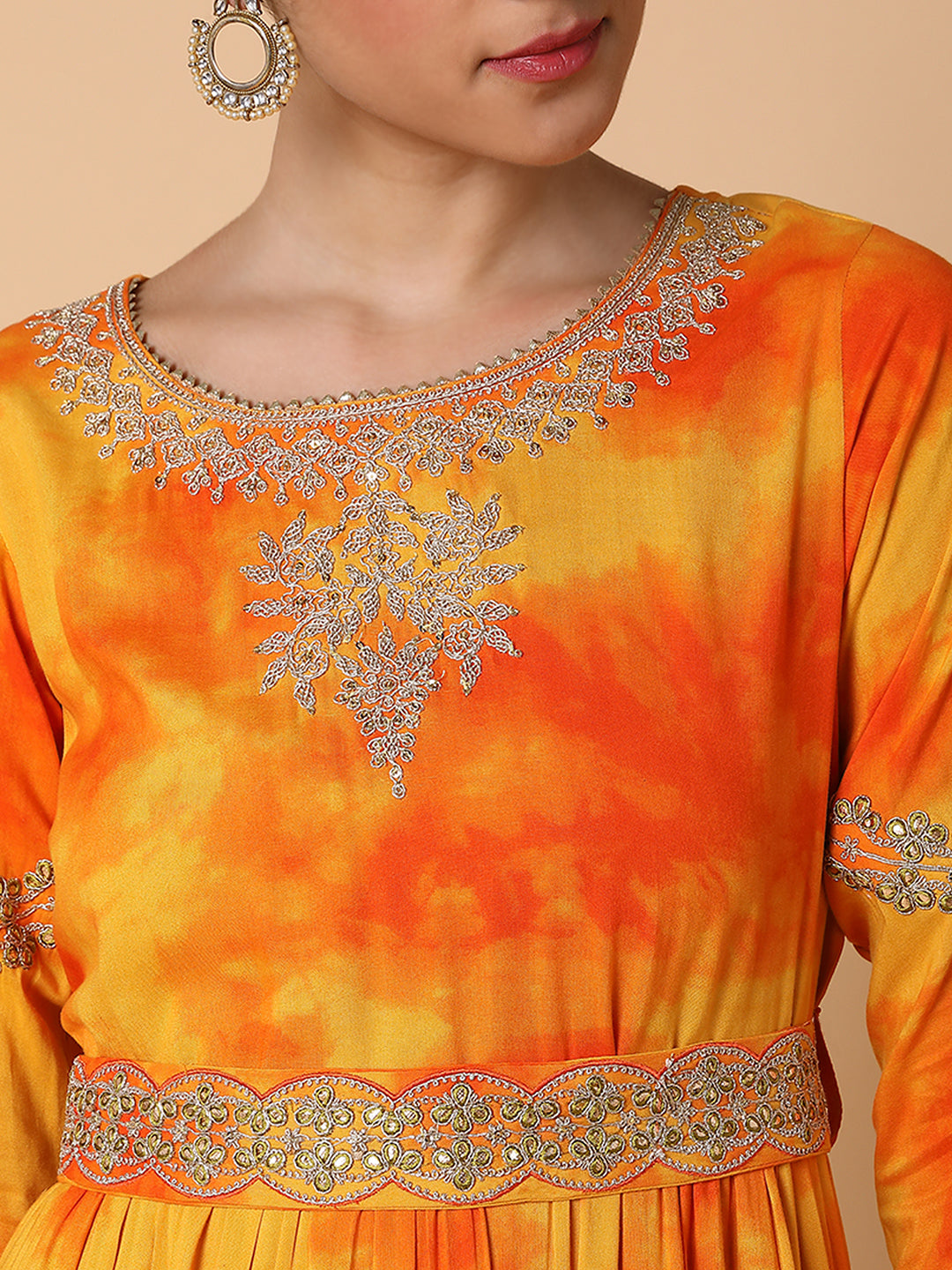 Women's Solid Orange Anarkali Kurta with Belt