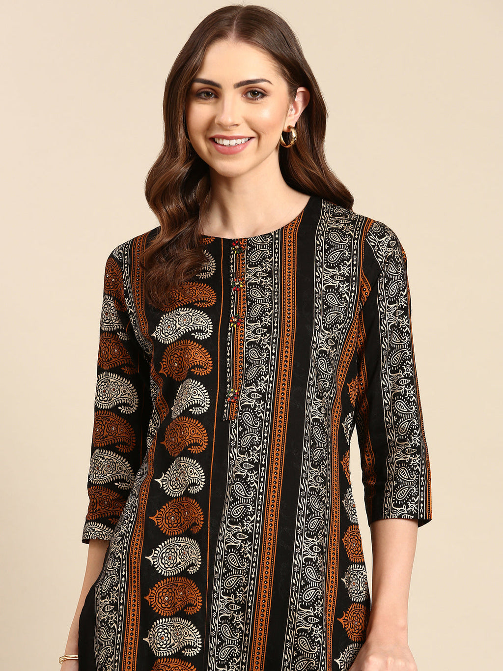 Women's Black Calf Length Ethnic Motifs Printed Straight Kurta