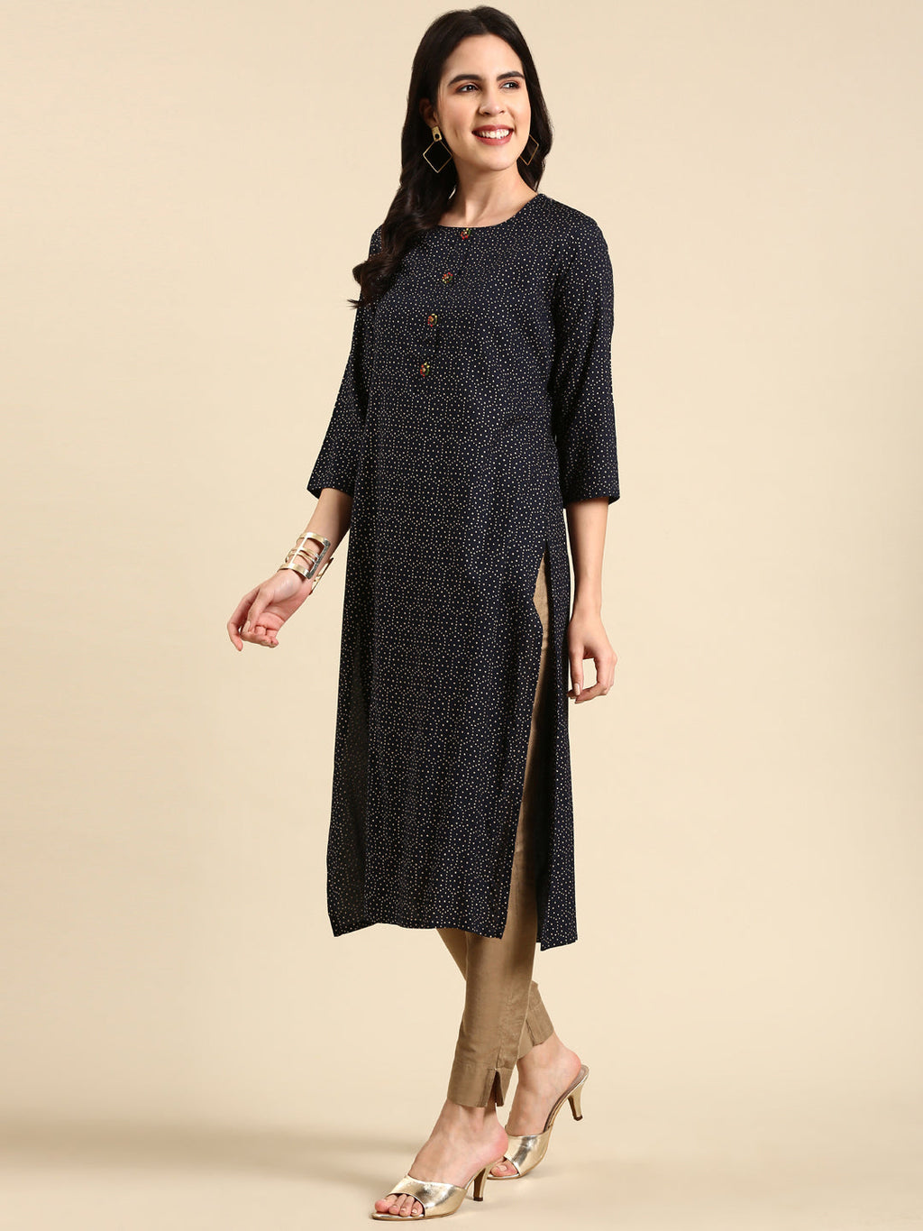 Women's Navy Blue Geometric Printed Straight Kurta