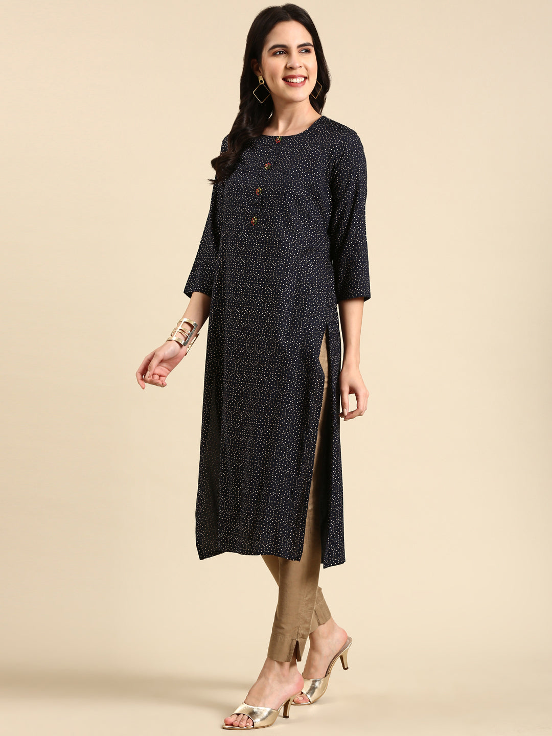 Women's Navy Blue Geometric Printed Straight Kurta