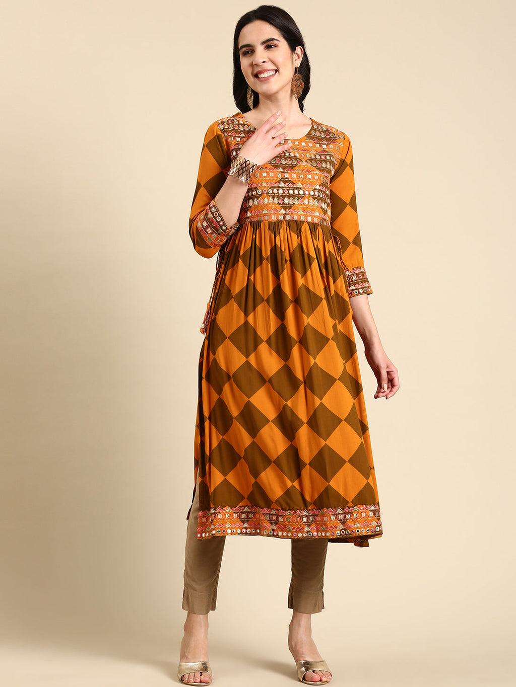 Women's Rust Geometric Printed Mirror Work Anarkali Kurta