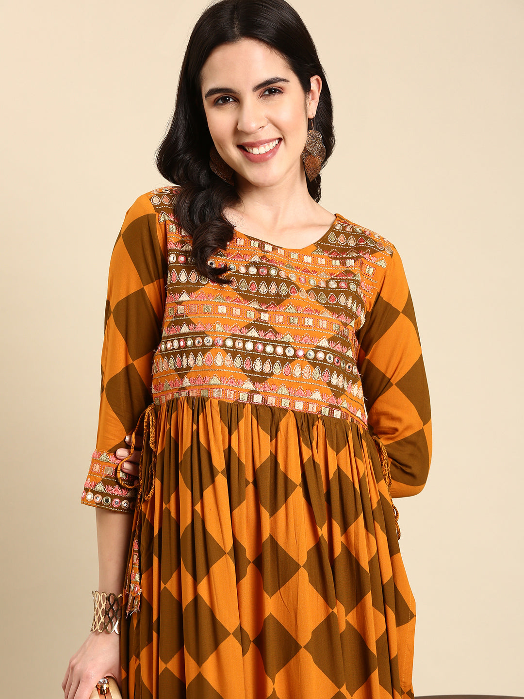 Women's Rust Geometric Printed Mirror Work Anarkali Kurta
