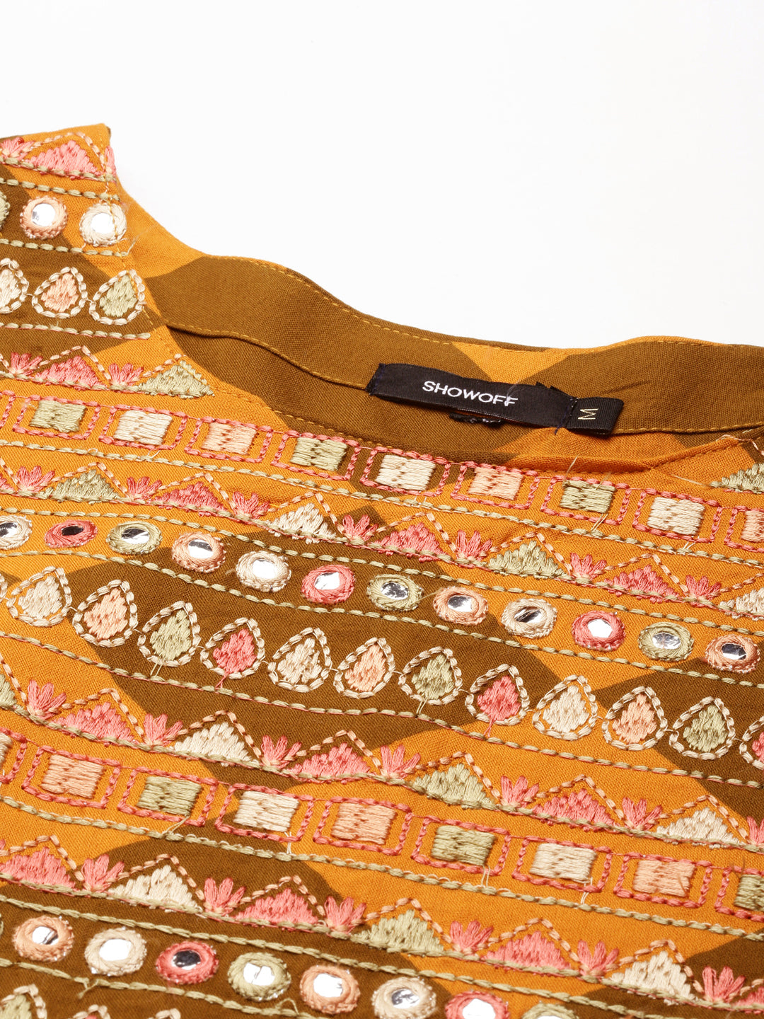 Women's Rust Geometric Printed Mirror Work Anarkali Kurta