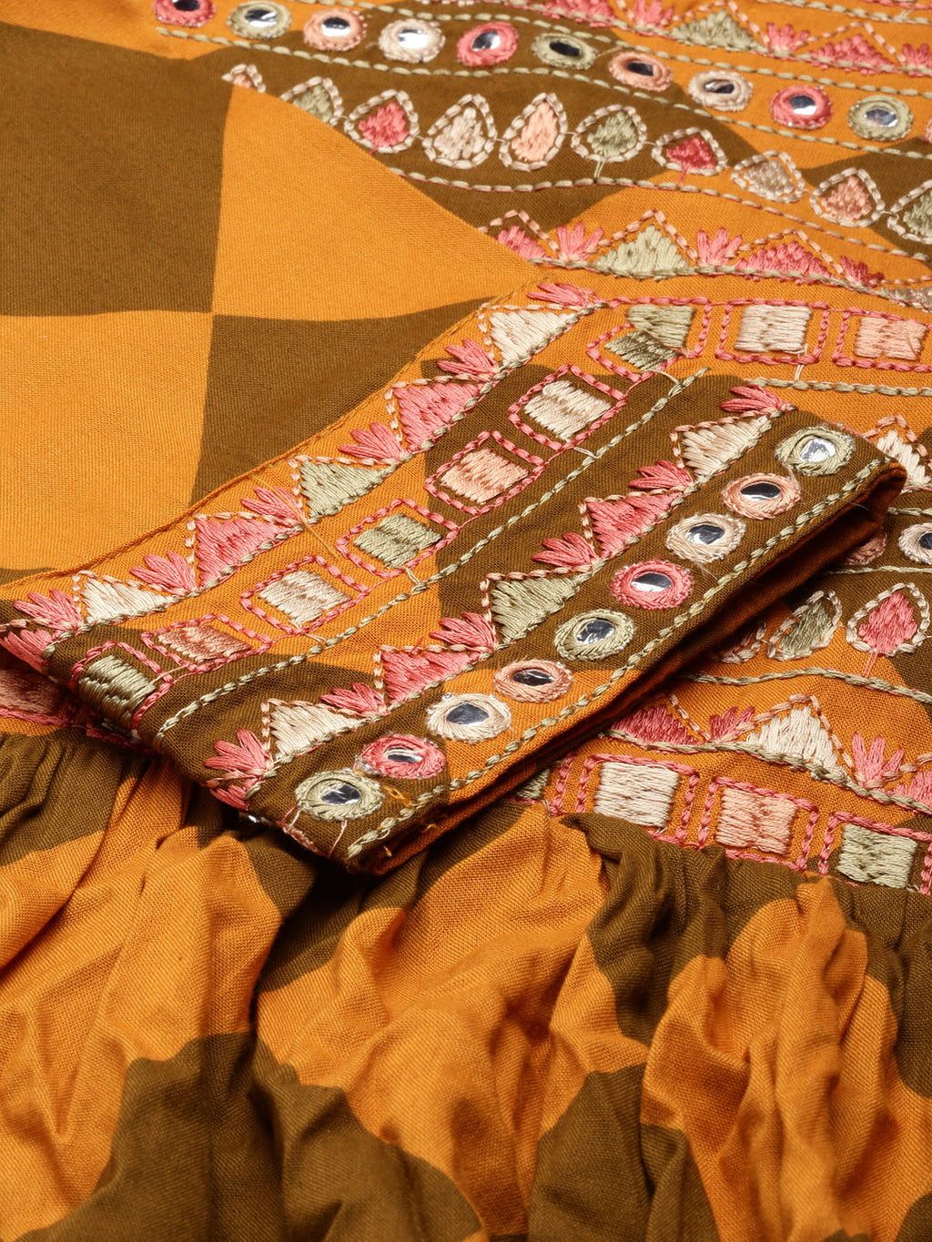 Women's Rust Geometric Printed Mirror Work Anarkali Kurta