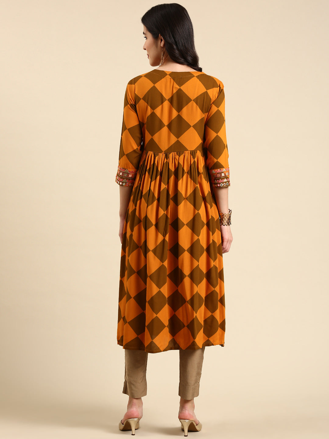 Women's Rust Geometric Printed Mirror Work Anarkali Kurta