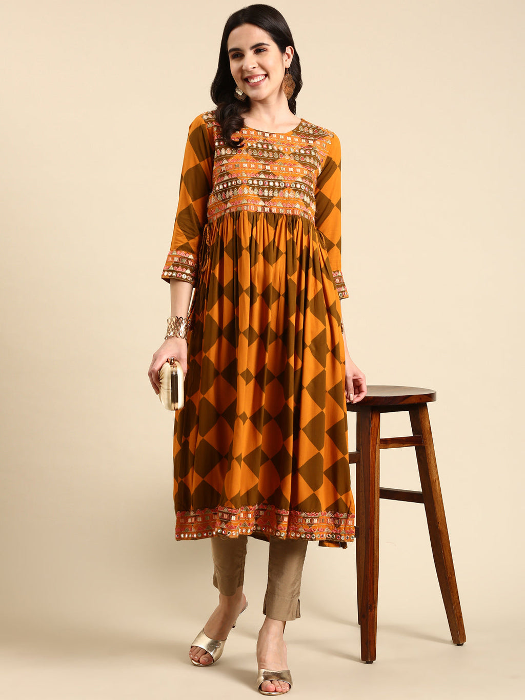 Women's Rust Geometric Printed Mirror Work Anarkali Kurta