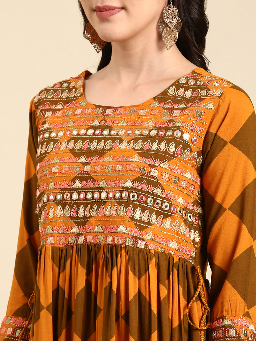 Women's Rust Geometric Printed Mirror Work Anarkali Kurta