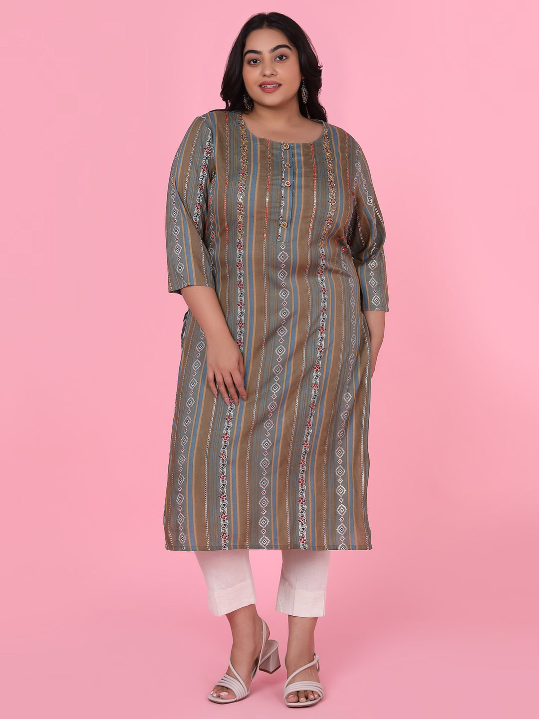Women's Olive Floral Straight Kurta