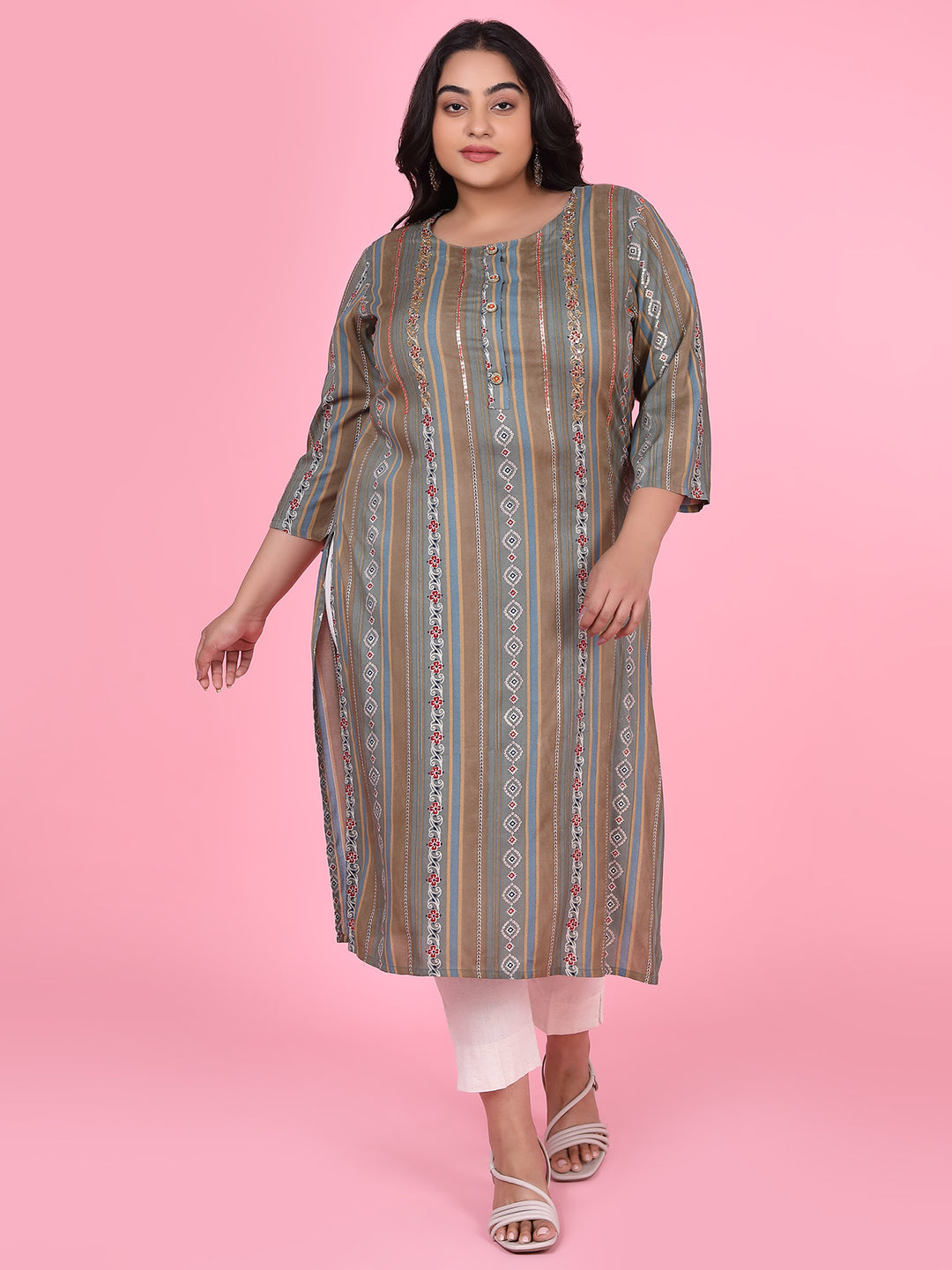 Women's Olive Floral Straight Kurta