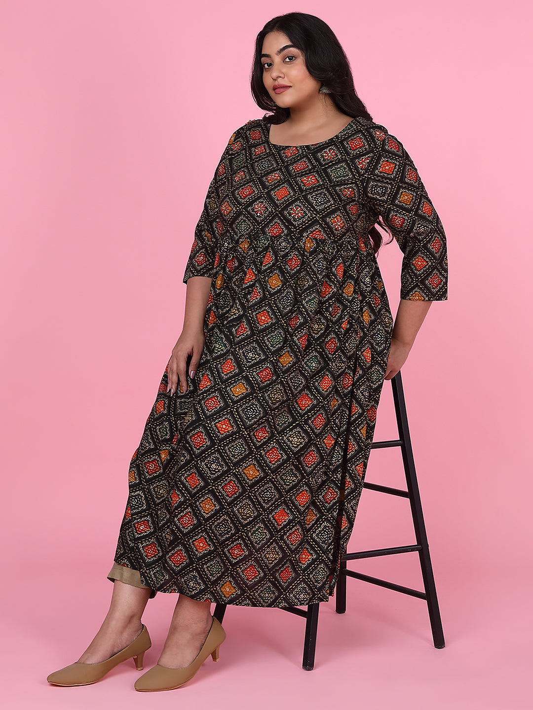 Women's Black Checked A Line Kurta