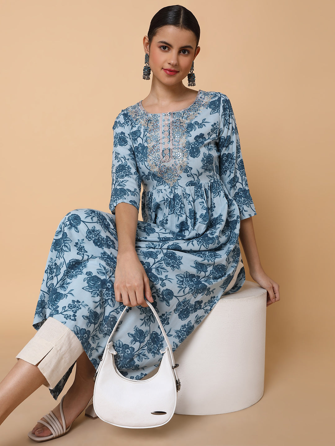 Women's Floral Blue Anarkali Kurta