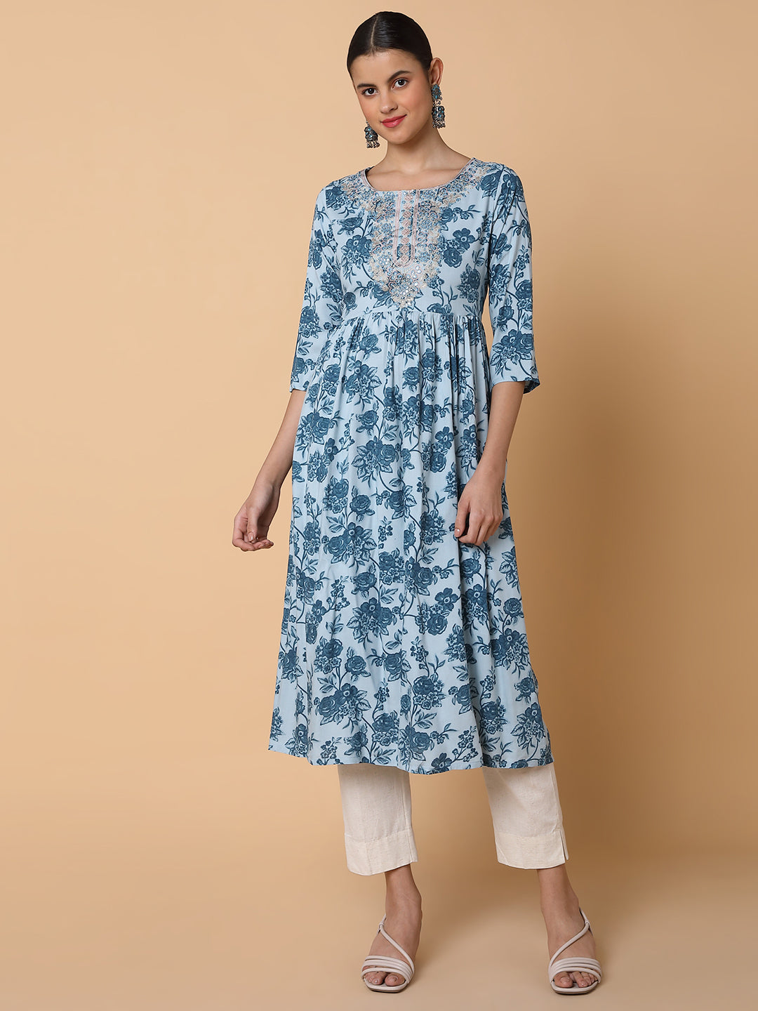 Women's Floral Blue Anarkali Kurta