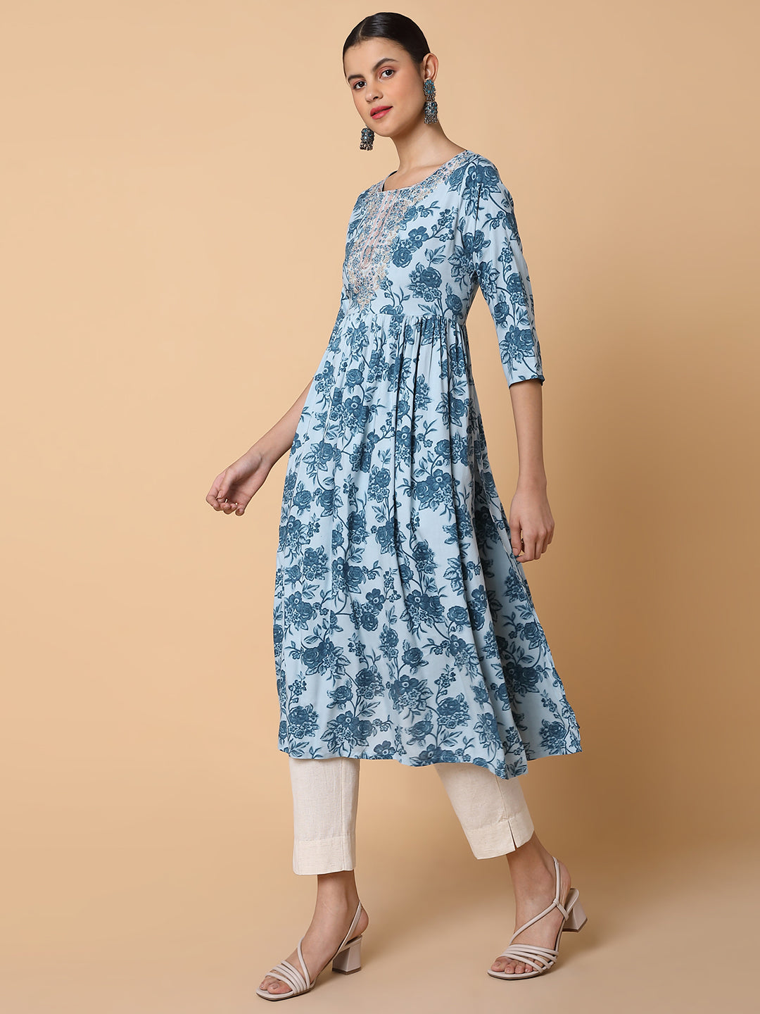 Women's Floral Blue Anarkali Kurta
