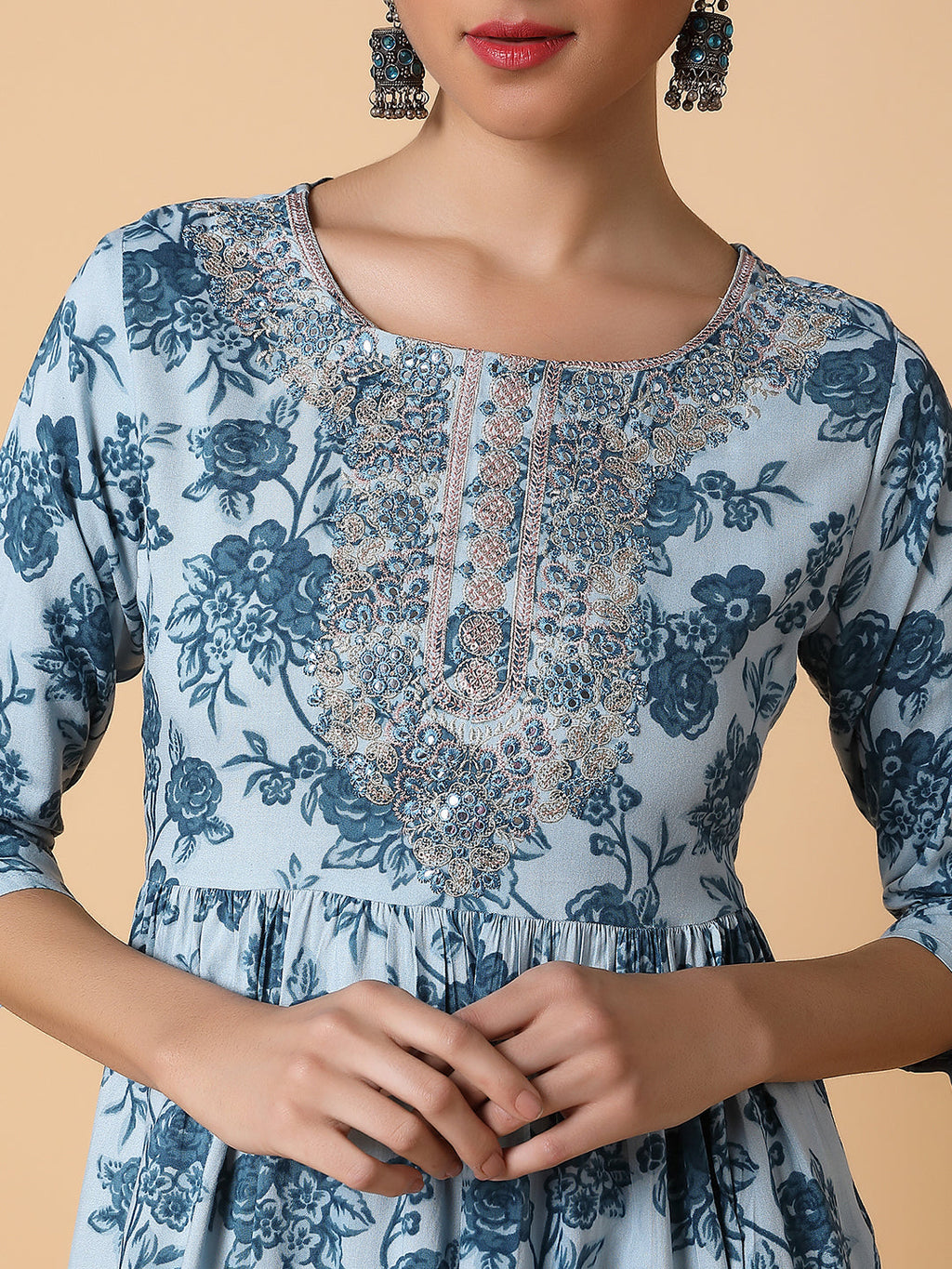Women's Floral Blue Anarkali Kurta