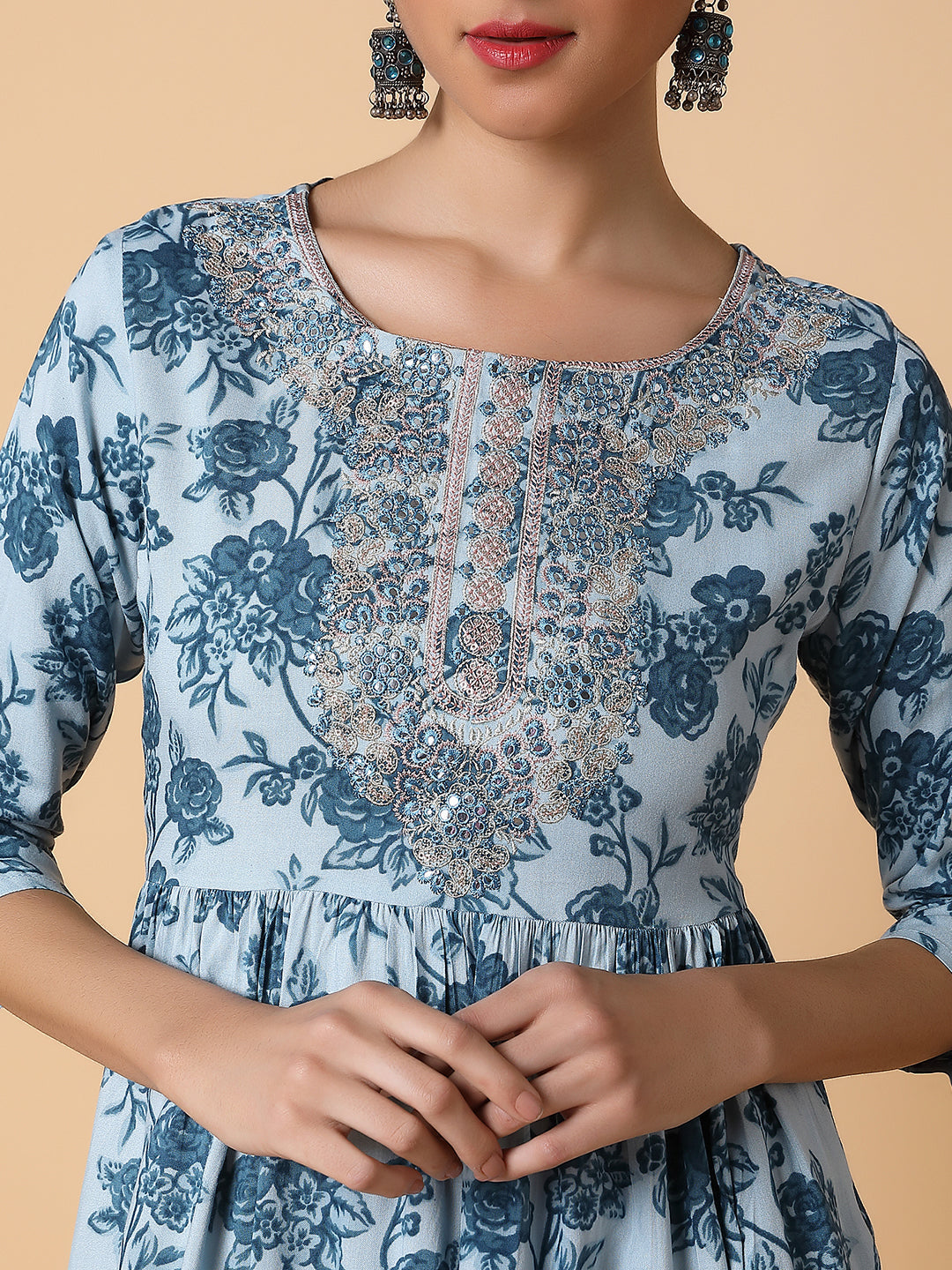 Women's Floral Blue Anarkali Kurta